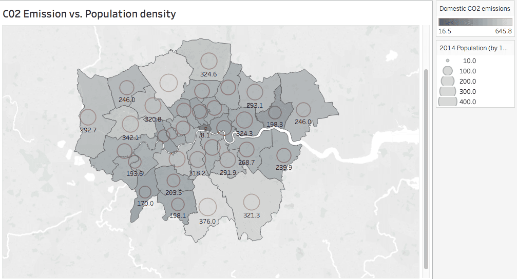 Tableau map visualization displaying a dual-axis layered map with geographic data