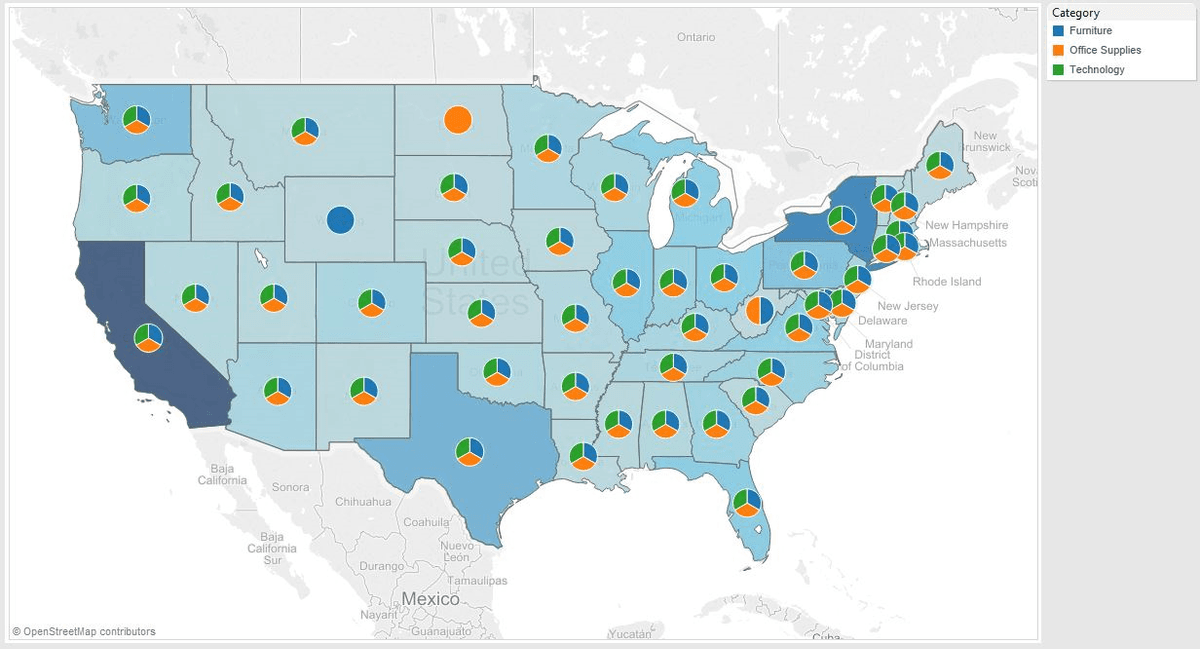 Screenshot of a US map in a data visualization tool, where each state is shaded in different tones of blue and features a pie chart displaying proportions of ‘Furniture, ’ ‘Office Supplies, ’ and ‘Technology’ categories.