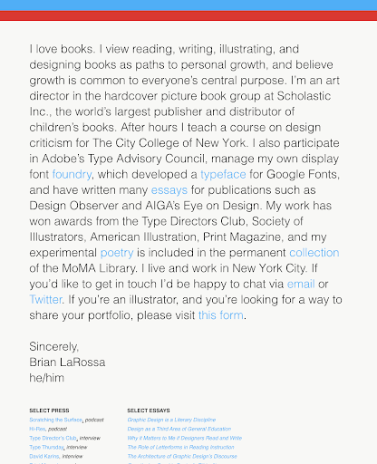 Screenshot of Brian LaRossa portfolio landing page featuring an essay-style introduction with links to design projects