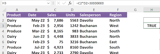 Computed criteria range with a formula in cell H3 calculating Sales times Units greater than 30 million
