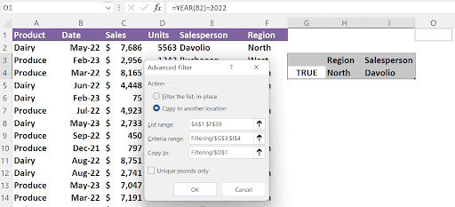 Advanced Filter dialog box with Copy to location set to a single cell reference