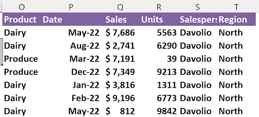Filtered results copied to a new location showing records for 2022 with North region and Davolio