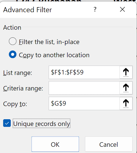 Advanced Filter dialog box with Unique records only checkbox selected and list range set to column F