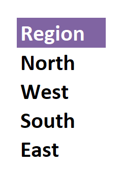 Unique region values extracted to cells G9 through G13 showing distinct region names