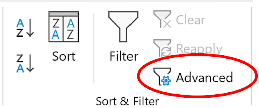 Excel ribbon showing the Advanced Filter button in the Data tab Sort and Filter group