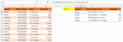 Excel FILTER function example showing formula filtering data by agent name from cell F1