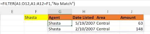 FILTER function results updating dynamically after changing the agent name in cell F1