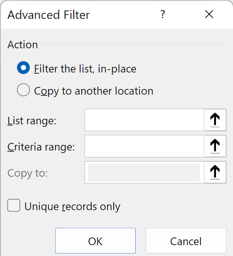 Advanced Filter dialog box with options for filtering in place or copying to another location