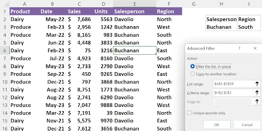 Advanced Filter dialog box configured with list range and criteria range for Buchanan and South