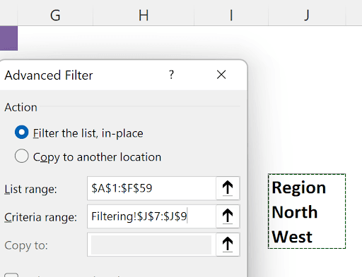 Advanced Filter dialog box configured to filter by North or West regions