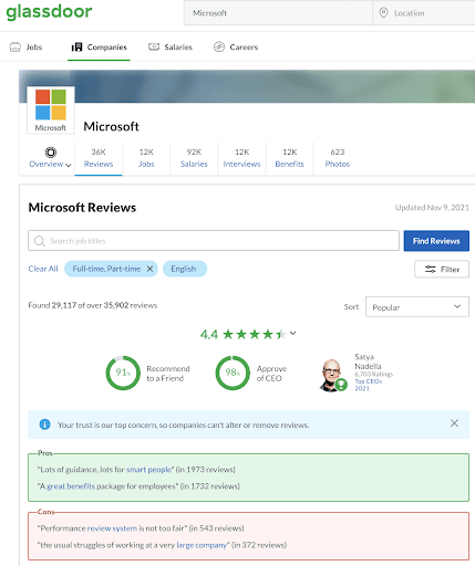 Glassdoor website homepage showing job search and company review features