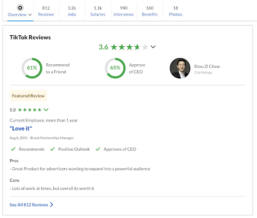 Glassdoor company reviews page showing employee ratings and feedback