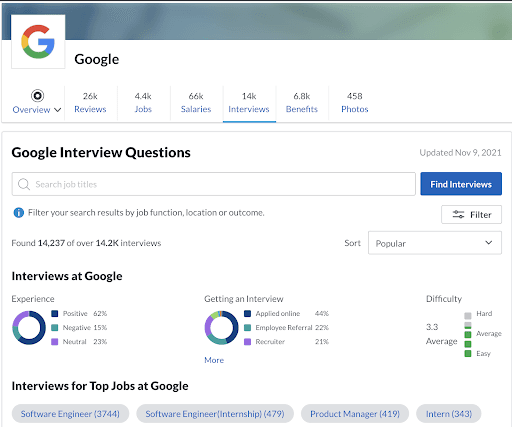 Glassdoor interview reports filtered by position showing hiring outcomes and questions