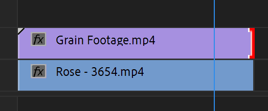 Premiere Pro Timeline showing Grain footage layer above Rose footage layer matched to the same length