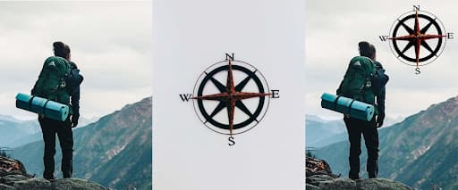 Multiply blend mode example showing a compass image blended onto a hiker photo with white background removed