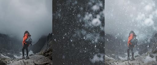 Screen blend mode example showing falling snow blended onto a mountain scene with dark pixels removed