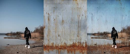 Overlay blend mode example showing a texture blended onto a photo of a person walking near water for a gritty effect