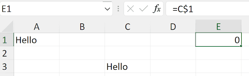 Excel spreadsheet showing the result of copying mixed reference =A<img src=