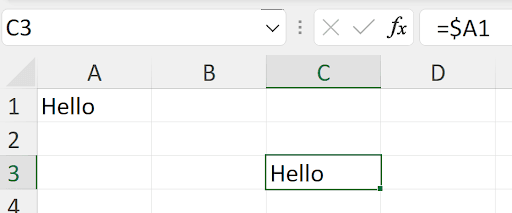 Excel spreadsheet showing mixed reference formula =$A1 in cell C3