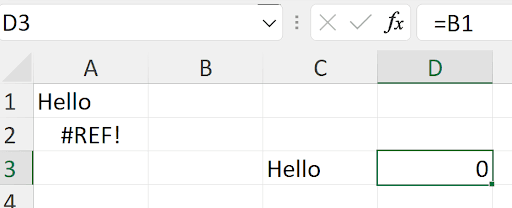 Excel spreadsheet showing results of pasting cell C3 to D3 and A2, with 0 in D3 and REF error in A2