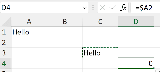 Excel spreadsheet showing the result of copying a mixed reference formula from C3 to D4