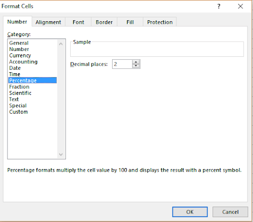 Format Cells dialog box with the Number tab open for setting percent format with decimal places