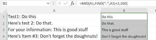 Excel MID formula extracting text after the colon using the FIND result
