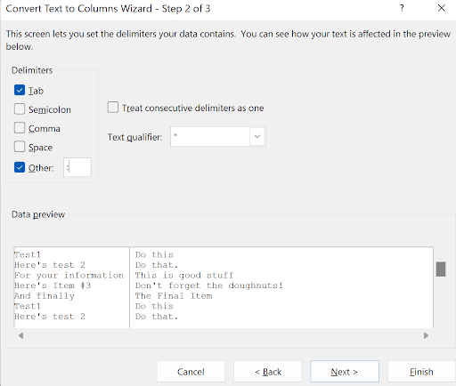 Text to Columns result showing data split at the colon with leading spaces in column B