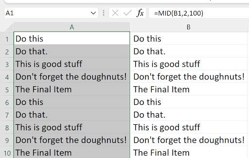 Excel MID formula in column A cleaning up the leading space from the Text to Columns result