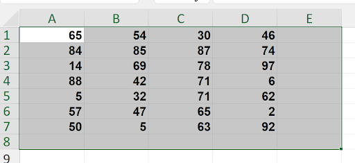 Excel spreadsheet with selection including the extra row and column for the ALT+= shortcut trick