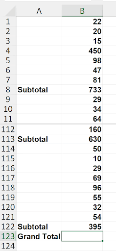 Excel worksheet with numbered rows containing values and periodic subtotal rows