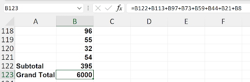 Excel formula bar showing a long SUM formula manually selecting each subtotal cell