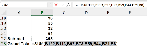 Excel AutoSum suggesting a SUM formula that automatically detects subtotal cells