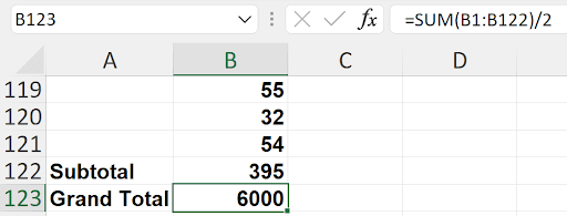 Excel cell showing the formula =SUM(B1:B122)/2 as a simple grand total solution