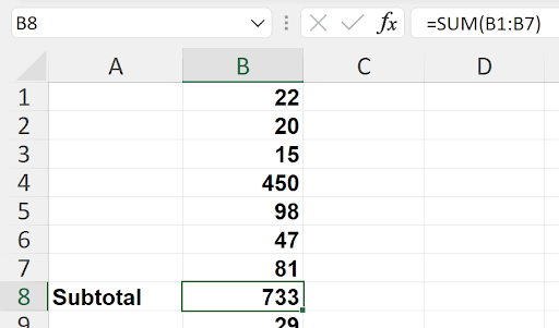 Excel section showing individual values and their subtotal demonstrating the double-counting principle