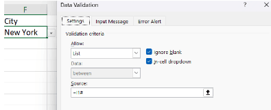 Data Validation dialog box referencing the spill range for the city dropdown list