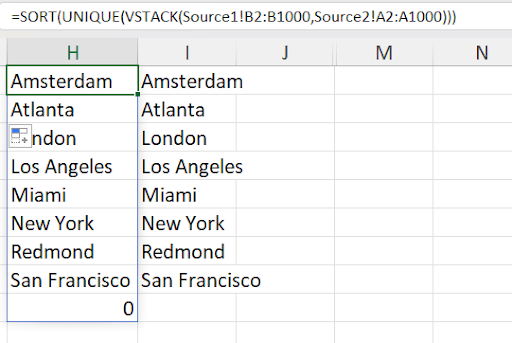 Excel cells showing the VSTACK and UNIQUE formula creating a sorted list of cities from both sources