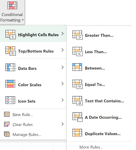 Highlight Cells Rules submenu showing options like Greater Than, Less Than, Between, and more