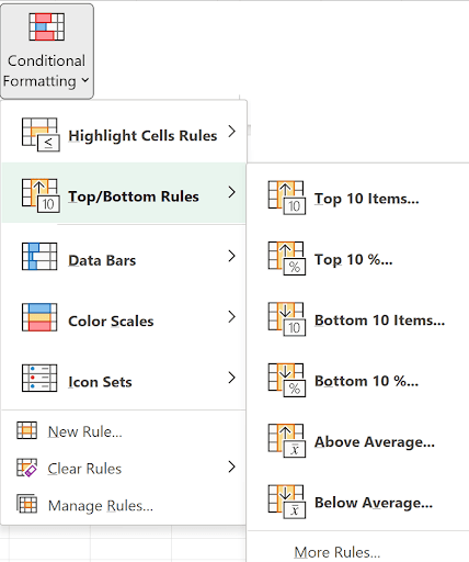 Top/Bottom Rules submenu showing options for Top 10 Items, Top 10%, Bottom 10 Items, and more