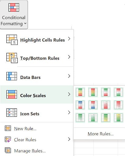 Color Scales submenu showing 12 color gradient options in 2-color and 3-color varieties