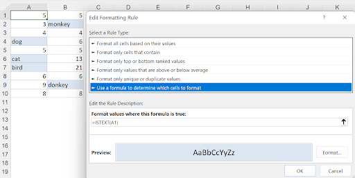 Excel cells highlighted when they contain text using the ISTEXT formula in conditional formatting