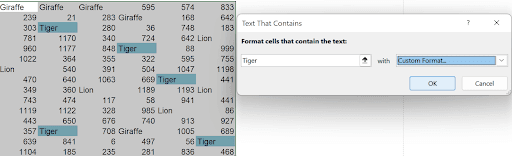 Text That Contains conditional formatting dialog with custom fill color applied to matching cells