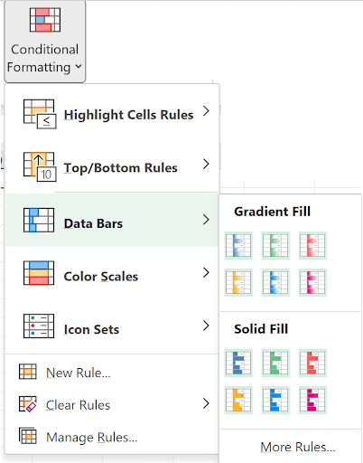 Data Bars submenu showing gradient fill and solid fill color options