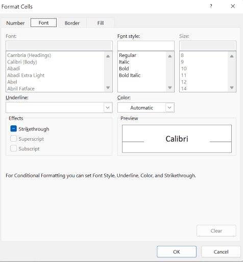 Format Cells dialog for custom conditional formatting with font, border, and fill tabs