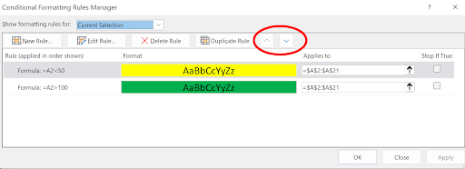 Conditional Formatting Rules Manager with multiple rules and arrows for reordering rule priority