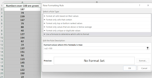 New Formatting Rule dialog using a formula to determine which cells to format with the formula =A2>100