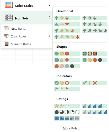 Icon Sets submenu showing various icon options organized in 3, 4, and 5 icon groupings