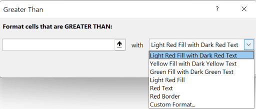 Dropdown menu showing format options including light red fill, yellow fill, green fill, and custom format