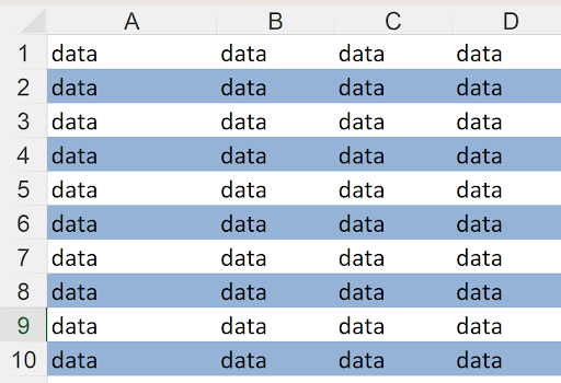 Excel spreadsheet with alternating row colors applied using MOD and ROW conditional formatting formula