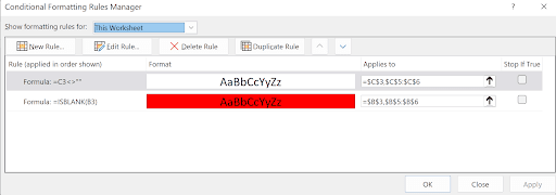 Conditional Formatting Rules Manager showing two rules for white fill and red fill based on cell content